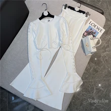 

Long Pants Sets for Women New European Socialite Side Strap Long Sleeve Sexy Slim Top + High Waist Flared Pants Two Piece Suits