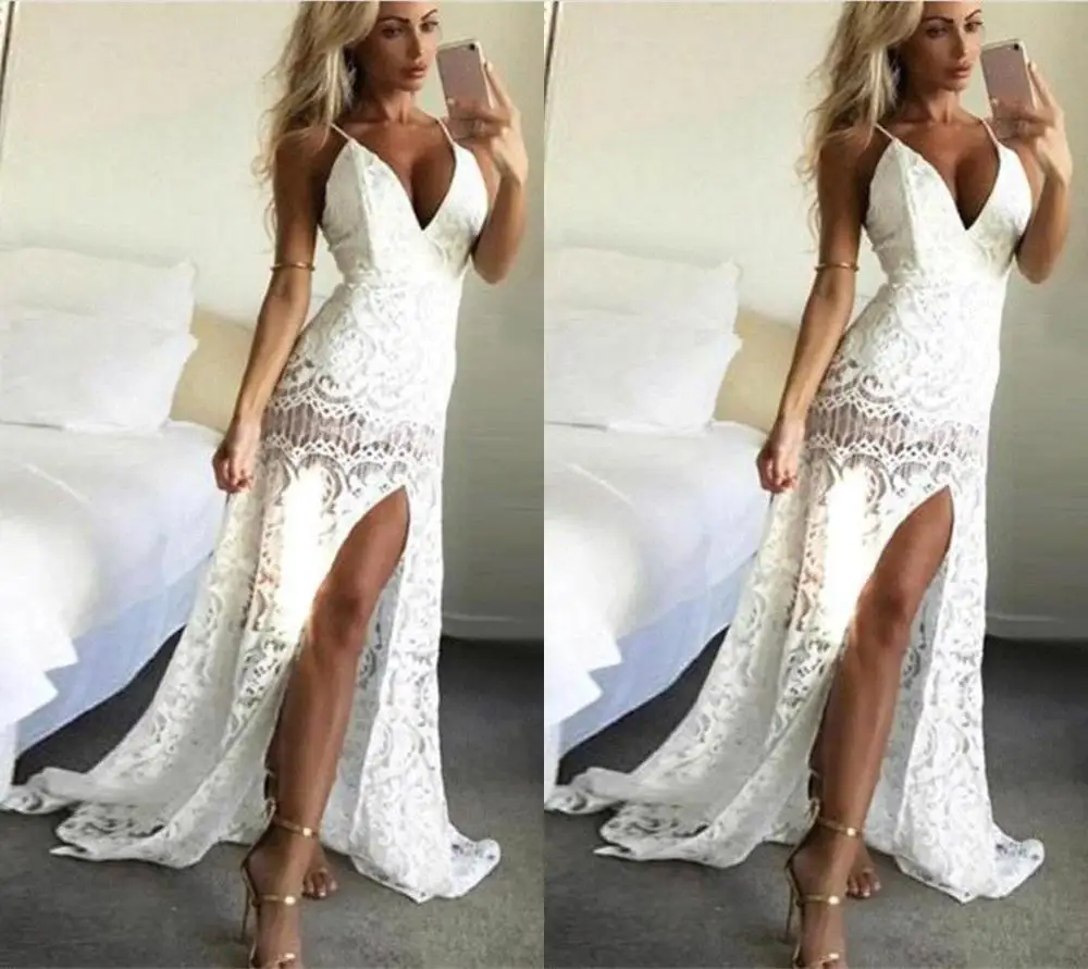 Vestidos Largos Fiest сексуальное длинное вечернее платье с глубоким v-образным вырезом простые белые кружева русалка вечернее платье с иллюзией вечерние платья