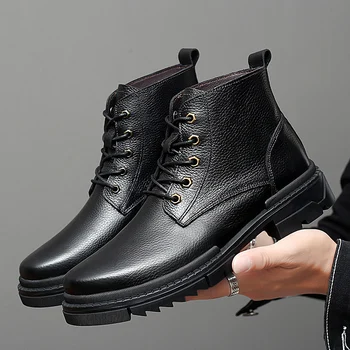 

British fashion men large size cow leather boots black platform shoes spring autumn ankle shorts boot zapatos de hombre bota man