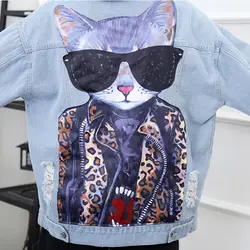 Куртка женская леопардовая и солнцезащитные очки Кот джинсовая куртка со вставками Женская весенне-осенняя куртка женская негабаритная