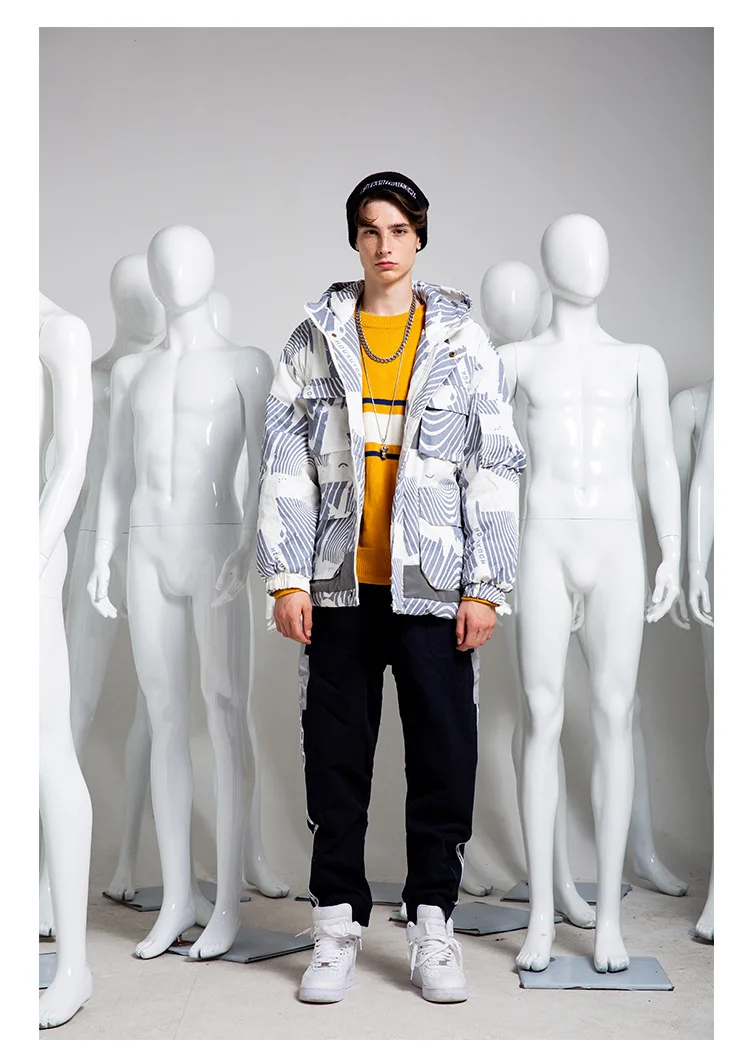 Вертикальный изизд 18aw национальный тренд Снежинка Печатные светоотражающие полосы с Капюшоном Хлопчатобумажная стеганая одежда
