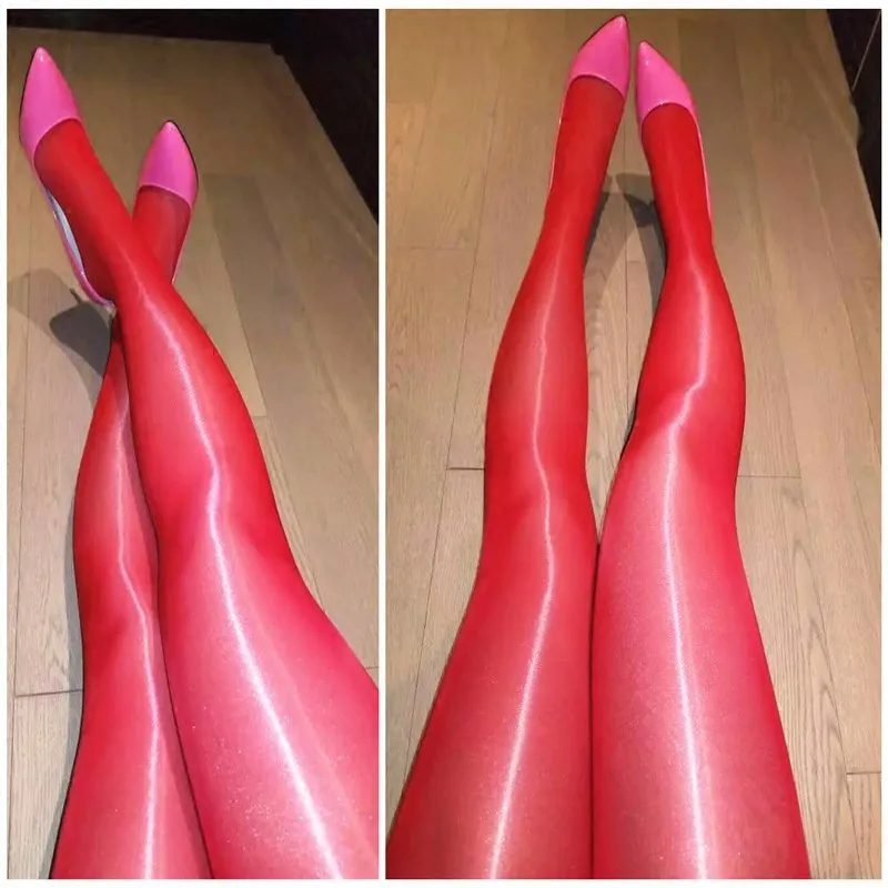 Высокая талия масло глянцевые колготки женские высококачественные чулки прозрачные масляные блестящие эластичные чулки сексуальные Femme Medias - Цвет: X912 red
