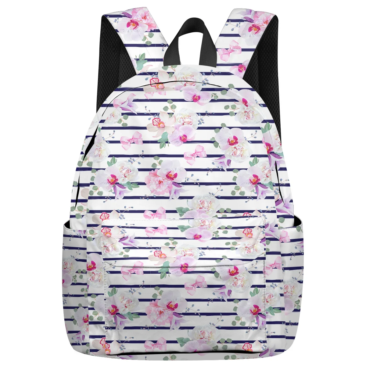 

WHEREISART Spring Pink Stripes Flower Bow Backpacks Senior High School Student Notebook Backpack Scratch Resistant Laptop