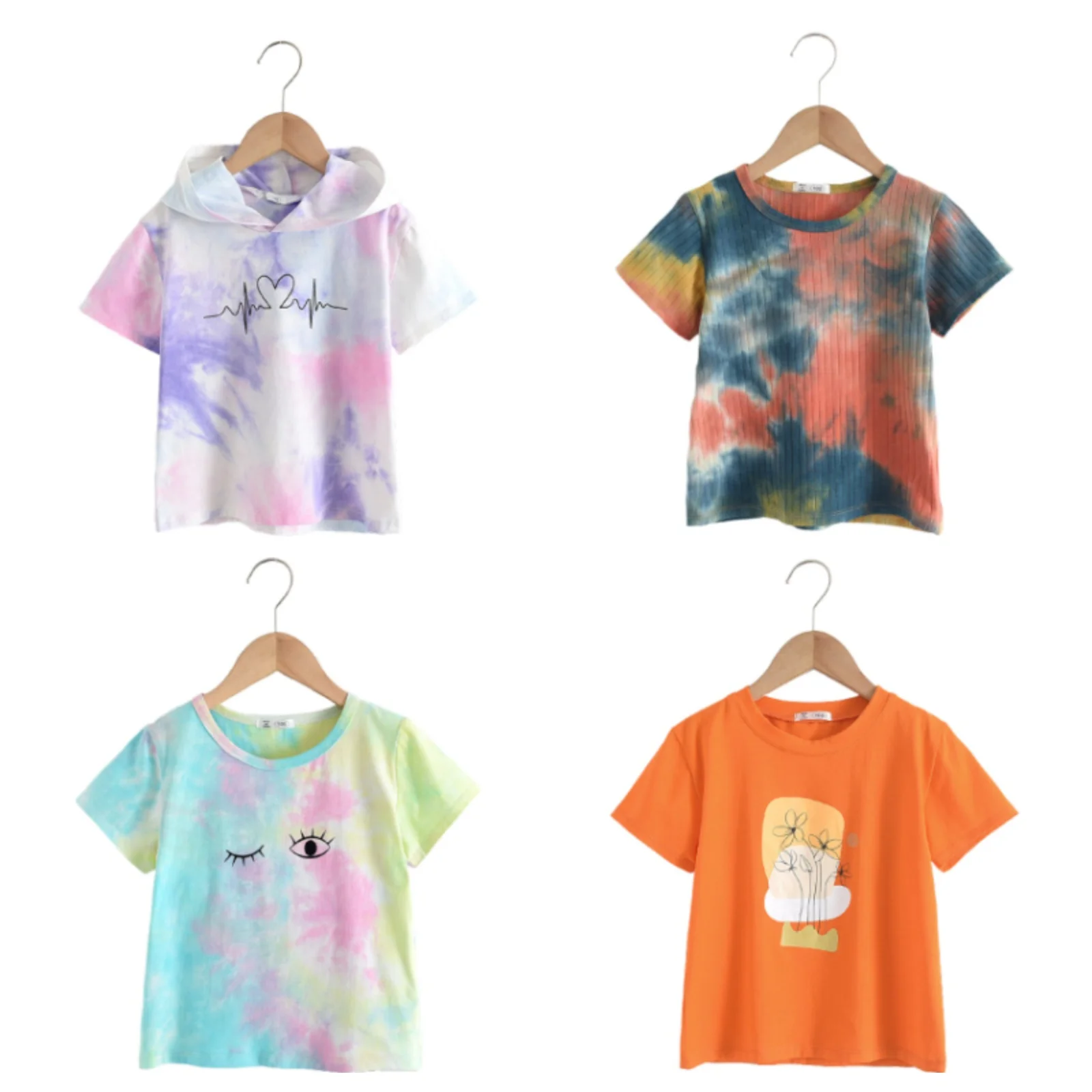 

2020 Summer New Letter Short T-Shirts Hooded Girl Tshirt Casual Gradient Color Tie-dye Print Tshirt Short Sleeve T-Shirt 2-6T