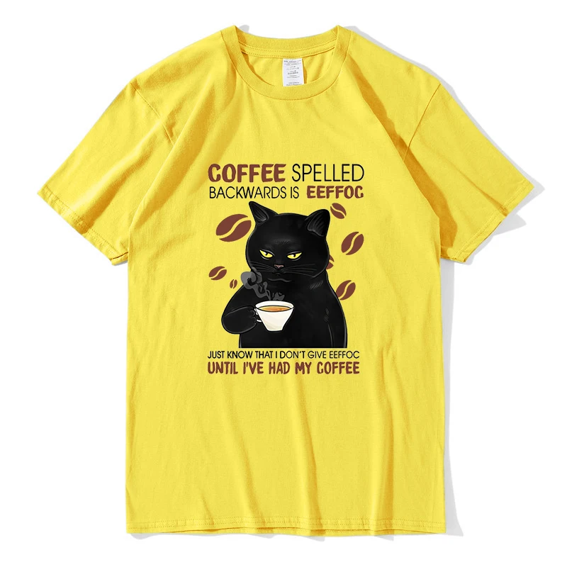 

Unisex t shirt men women Black Cat Coffee Spelled Backwards Is Eeffoc Funny Cat Coffee graphic Men's harajuku TShirt cotton tops