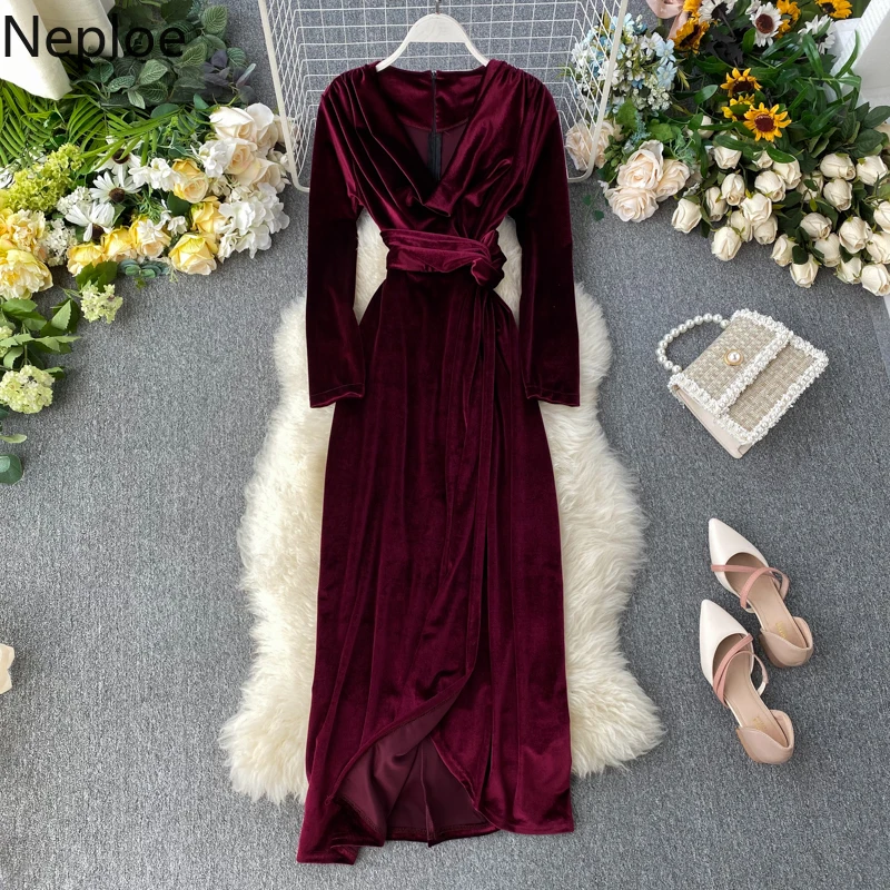 Neploe Ретро стиль для девушек темперамент v образный вырез галстук Vestido тонкая