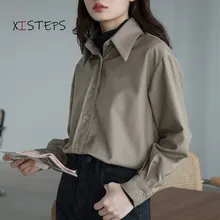 

OL Style Women Blouses 2021 Spring Autumn Work Wear Shirts Button Up Long Sleeve Tops Caffee Camel Ladies Casual Clothings