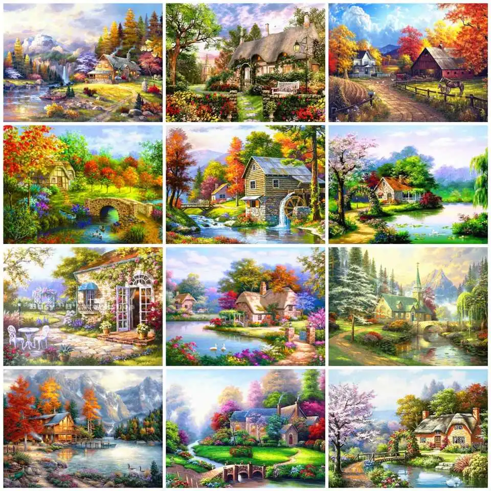 

AZQSD Diamond Painting House Embroidery Sale Diamond Art Landscape Rhinestones Gift Home Decor Gift Rhinestones Handmade