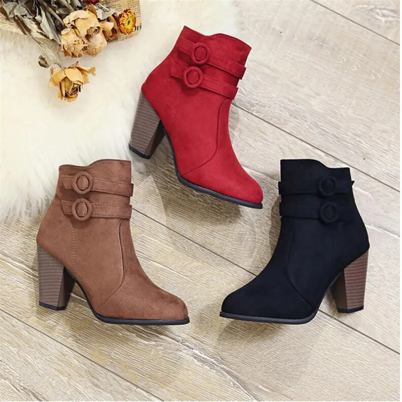 

2019 New Arrivals Fashion Women Buckle Ankle Boots Casual Faux Suede Pointed Toe Thick High Heels Party Shoes Woman