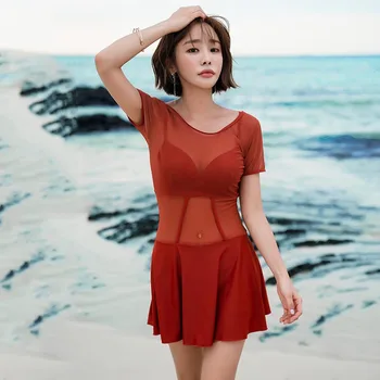 

New See Through Swimwear Mesh Swim Skirt Women One Piece Swimsuit 2020 Beach Dress Swimming Suits Short Sleeve Swim wear