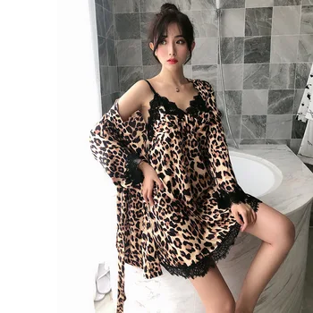 

New sexy leopard print elegance dress robes women gown sets robes satin silk home 2-piece sleepwear Quality Spaghetti straps