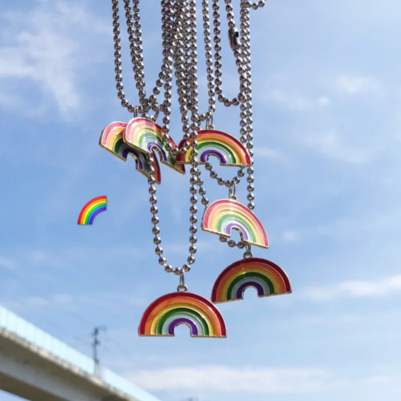 

Cute Colorful Rainbow Pendant Stainless Steel Necklace, Long Chain Jewelry Sweetheart for Women Man Friendship Girl Gifts