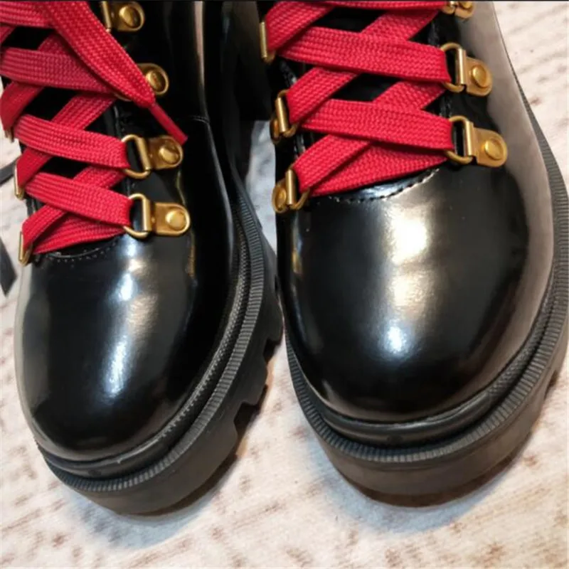 Ботинки из натуральной кожи; Роскошные ботильоны на толстом каблуке; Botas Mujer; модная женская обувь с круглым носком; пикантные ботинки на платформе со шнуровкой;