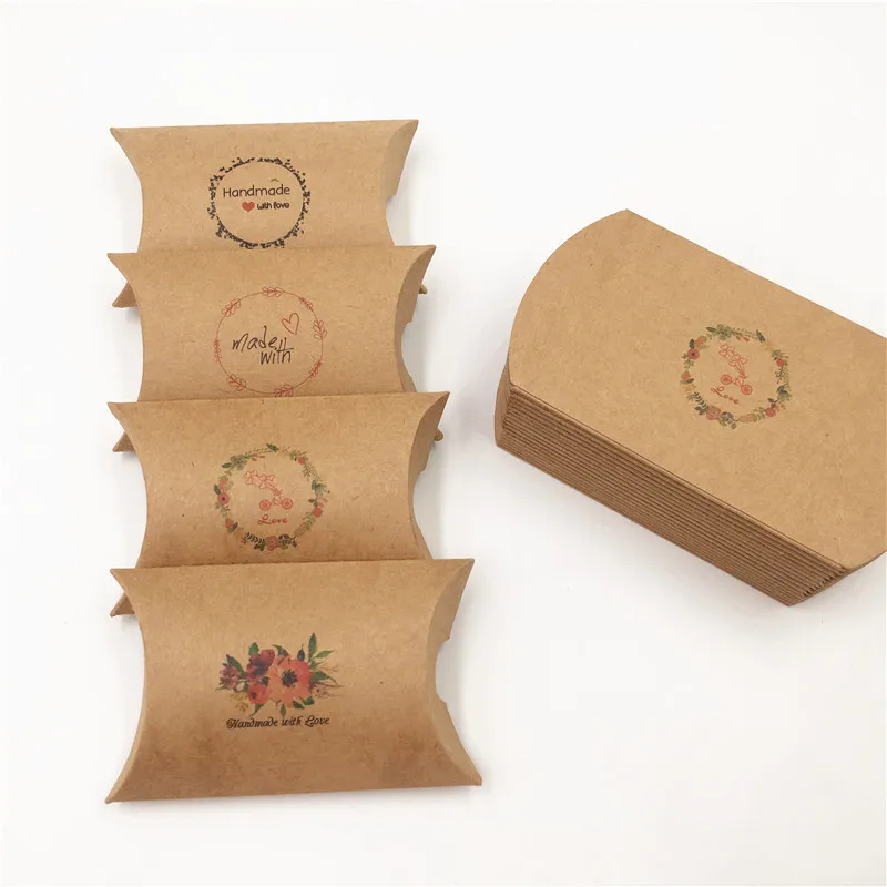 

Various 100pcs Vintage Kraft Paper Small Pillow Shape Packaging Boxes Cute Design Pattern Favors Candy Gift Boxes 80x55x20mm