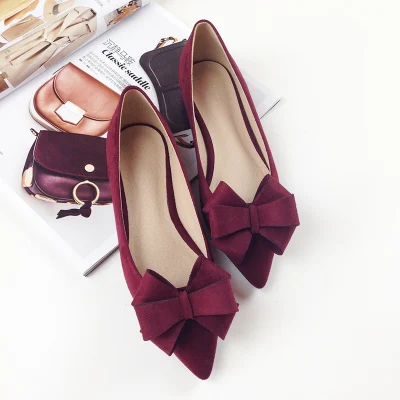 wine red Г. Новые осенние туфли на плоской подошве с острым носком и бантом женская свадебная обувь однотонная обувь из флока с большим бантом, маленькие размеры 33, 34, 43, 44 - Цвет: wine red