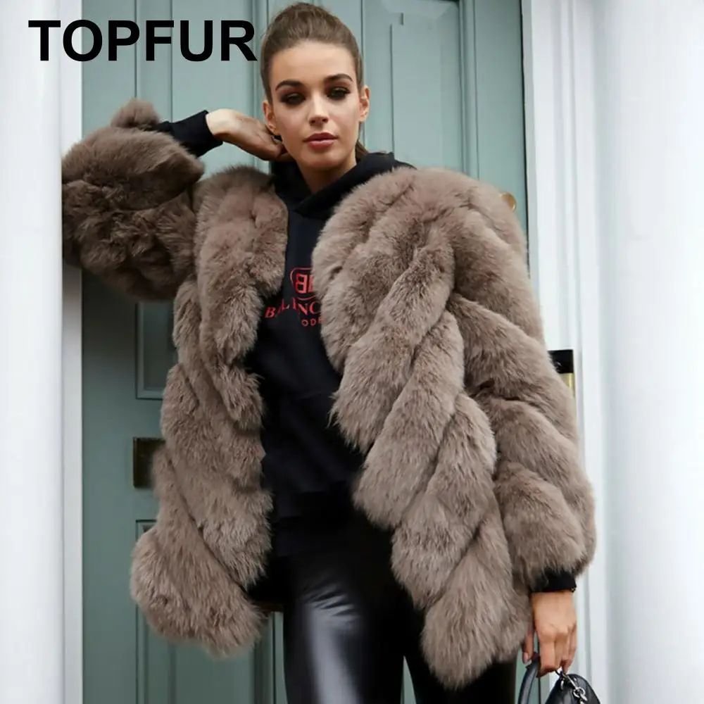 TOPFUR, модное Коричневое Пальто, Женское пальто из натурального меха, Женское пальто из натурального синего лисьего меха, с рукавами три четверти, коричневая Меховая куртка для женщин
