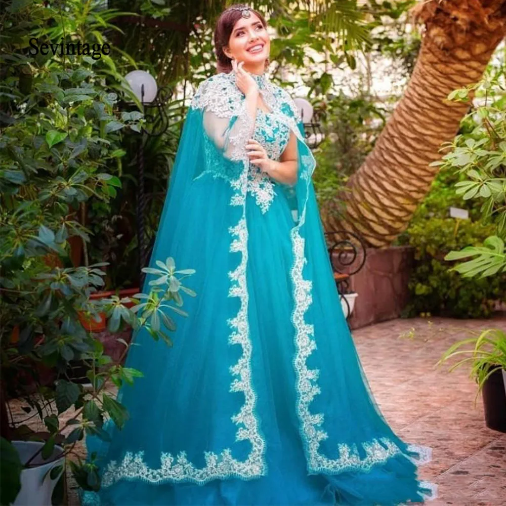 

Sevintage 2020 Modest Saudi Arabia Evening Dress with Wrap Lace Appliques Muslim Formal Party Gowns vestidos de fiesta