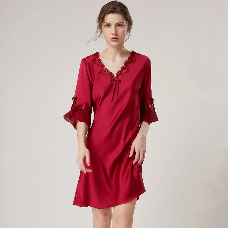 

Butterfly Sleeve Women Nightgown Summer Thin Nightdress V-neck Casual Sleepwear Summer Red Lace Patchwork Short Home Dressing