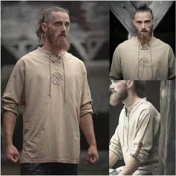 

Mens linen solid Khaki shirts men tops blouse long sleeve tees ethnic V neck clothes drawstring Autumn casual male dress shirts