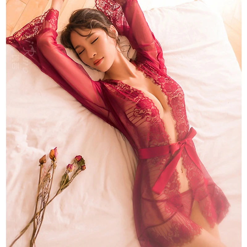 Batas de encaje para mujer, conjuntos de lencería, y albornoz Porno, Tops bata de dama de honor|Batas| - AliExpress