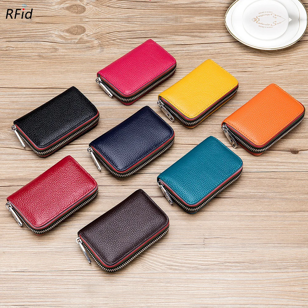 Genuine Leather Men Women Card Holder Small Zipper Wallet Solid Coin Purse Accordion Design rfid ID Business Credit Card Bags wallet card holder