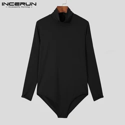 INCERUN 2021 Men's Rompers Solid Comfortable All-match Simple Homewear Clothes Long Sleeve High Collar Bodysuits Jumpsuits S-5XL