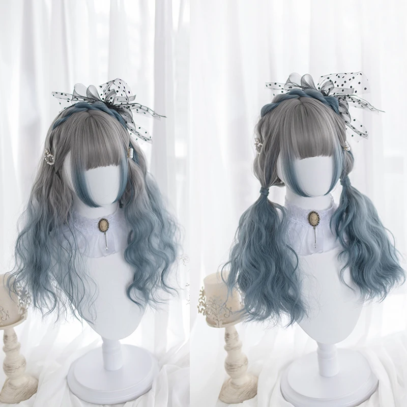 Gradual Gray Blue Lolita Wig Harajuku Cosplay Bangs Curly Long Sweet Fringe Synthetic Hair for Adult Girls |