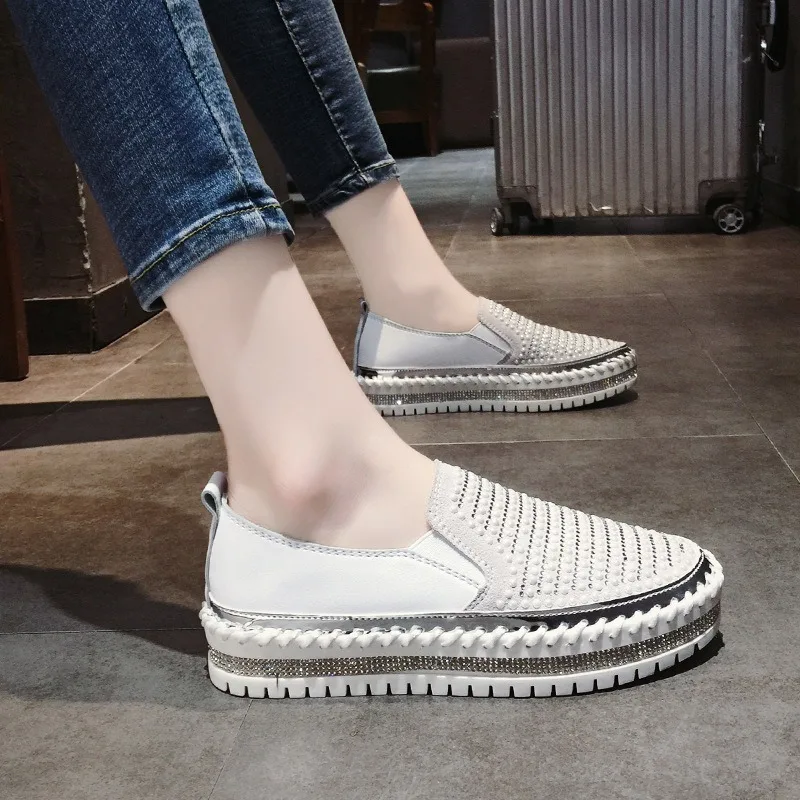 New Silver Loafers Women Platform Flat Shoes Crystal Fashion Creepers Slip On Flats Ladies Sneakers Casual AEZLZ423 | Обувь