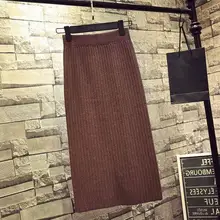 Облегающая Юбка с высокой талией, зимняя женская элегантная трикотажная юбка-карандаш, однотонные женские юбки, офисная одежда