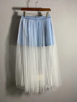 

2020 Spring New Women's Street Personality Denim Stitching Gauze Skirt 0505