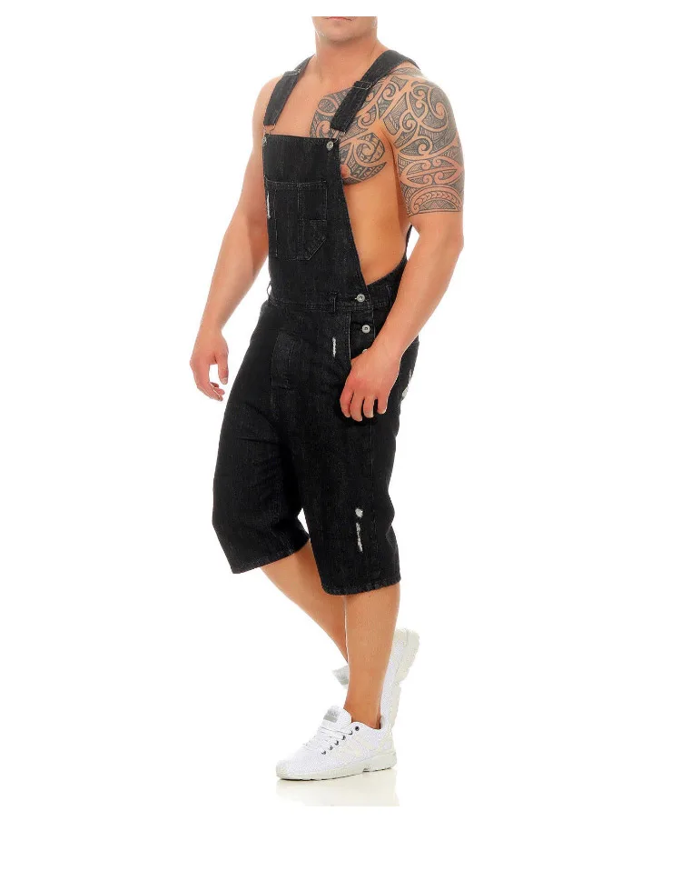 Men Denim Bib Overalls Shorts Ripped Jeans Jumpsuits Sleeveless Male Casual Working Protective Uniforms Summer Black Blue Safe (8)