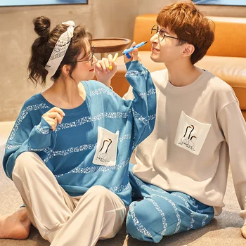 

XIZOU Long Sleeve Pijama Sets Plus Size Sleep Clothing Cotton Casual Nightie Sleepwear Men Pyjamas Suit Autumn Couple Pajamas