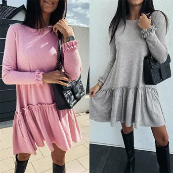 

Stylish Women Long Sleeve Ruffle Solid Pleat Mexi Dress Casual Long Midi Dress Long Shirt Casual Long Sleeve Pullover Dress