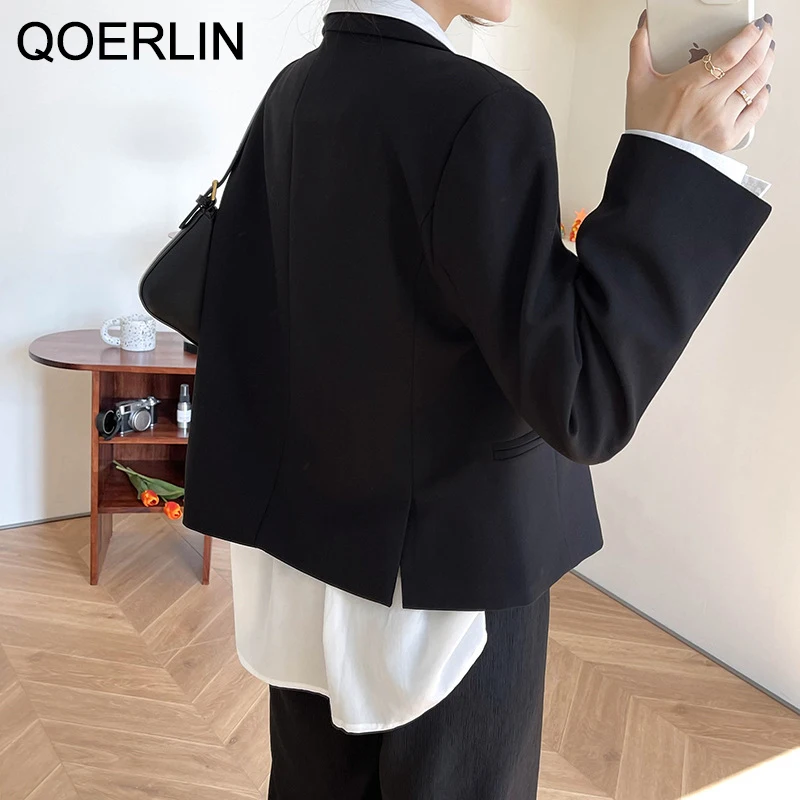 QOERLIN Vintage 2021 Women Suit Jacket Textured Blazer Women Jacket Female Notched Long Sleeve Short Blazer Coat Office Ladies