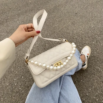 

Fashion Beaded Shoulder Bag Small PU Leather Crossbody Bags For Women Solid Color Shoulder Handbags Female Simple Cross Body Bag