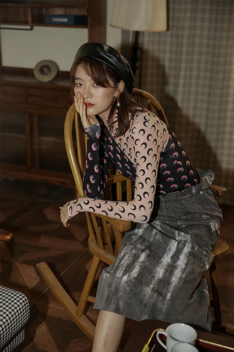 Najtaniej CHEERART 2020 projektant nadruk z księżycem T koszula kobiety golf z długimi rękawami Top color block Tee koszula bielizna odzież