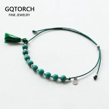 

Natural Stone Beaded Bracelet Tassel 4mm Blue Color Spiking Beads Handmade Thin Bracelets Charm Hand Rope Chain