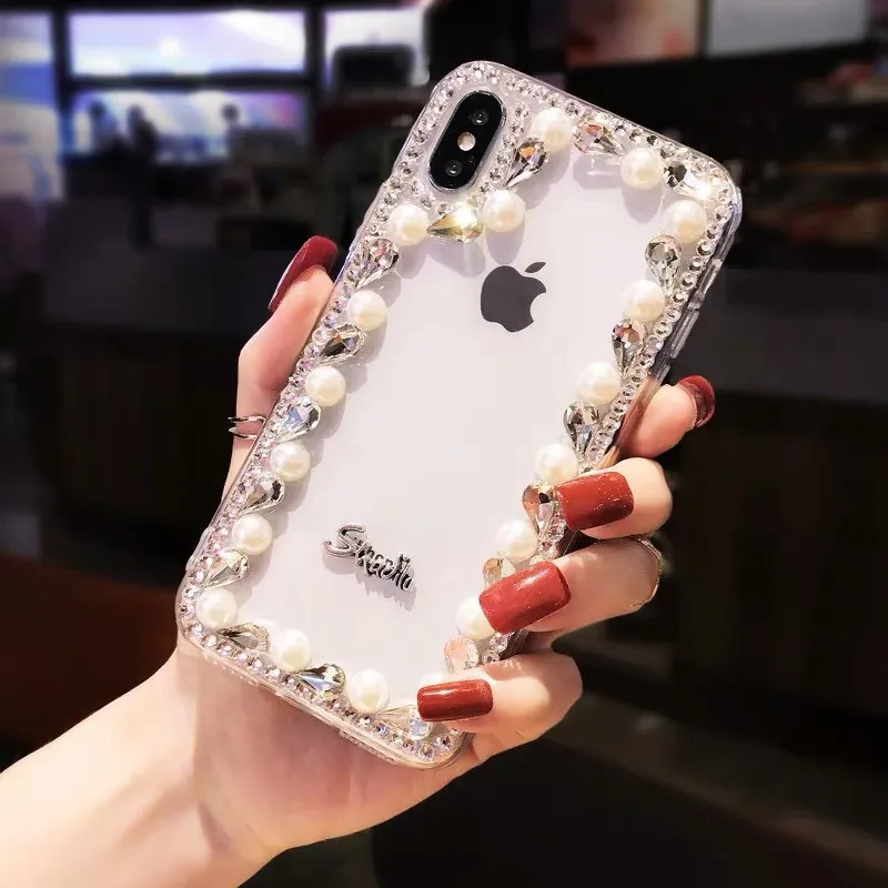 

case for iPhone 11 XR 7 8 11 Pro Max X XS Max Plus 6 6s cover Pearl Rhinestone for IphoneTransparent(without chain)