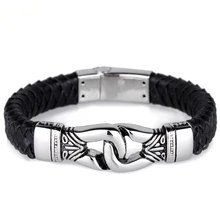 Итальянский Серебряный цвет наручники кожаные браслеты для мужчин Мода нержавеющая сталь 22 см дешевые плетеные кожаные браслеты, бижутерия