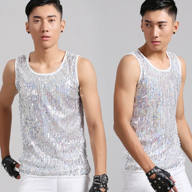 Nightclub Adult Costumes Tight Sexy Slim Elastic Sequined Vest Hair Stylist DJ Singer DS Male Men Clothing 2020 Tank Top | Мужская