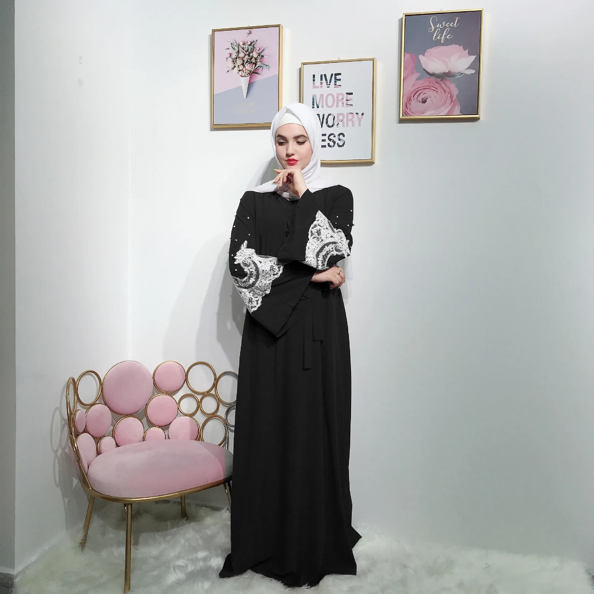 Elegnat Вышивка мусульманское abaya Бисероплетение Макси длинное платье, Роба платья кимоно Рамадан Eid Исламская, молитвенная одежда поклонение кафтан