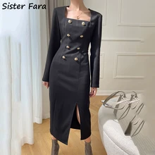 

Sister Fara Spring Autumn Square Collar Elegant Dresses for Women High Waist Double Breasted Dress Female Split Straight Dress