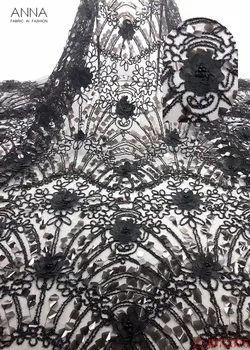 

Anna black nigerian embroidered 3d applique lace french sequins fabric with beads 5 yards high quality african net laces fabrics