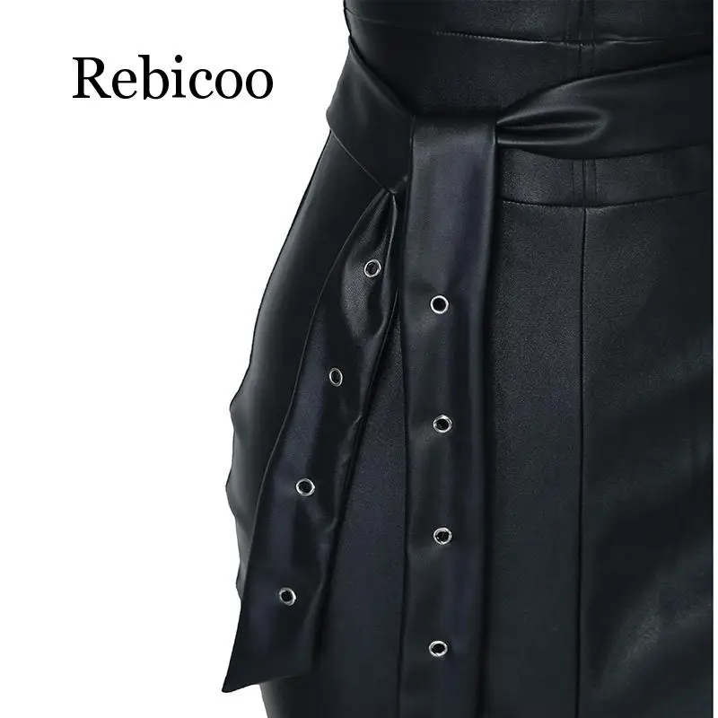 Платье из искусственной кожи с открытой спиной женское черное облегающее вечернее платье с высоким разрезом пикантная одежда для ночного клуба облегающие платья с поясом vestidos