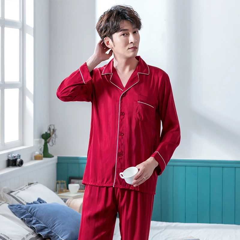 Summer Mens Satin Pyjamas Set Home Clothes 2PCS Pojama Long Sleeve Men's Sleepwear PJ With Button Red Solid Loungewear Pajamas