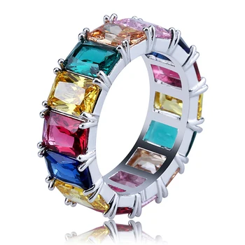 Ladies Dainty Rainbow Ring Colorful Multi Color Square Zirconia Crystal Baguette Finger Gold Color Ring Women Females Jewelry