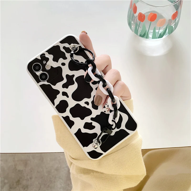 

Wrist strap Chain milk cow pattern phone Case For iphone 11 11Pro X Xs max SE XR 7 8 Plus Soft silicone case cartoon Case