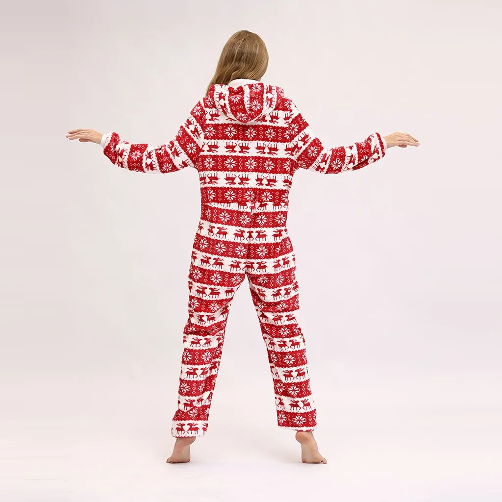 Christmas jumpsuit women Winter fashion Warm Flannel One Piece Hoodie Pajamas Printed Jumpsuit macacao feminino#guahao