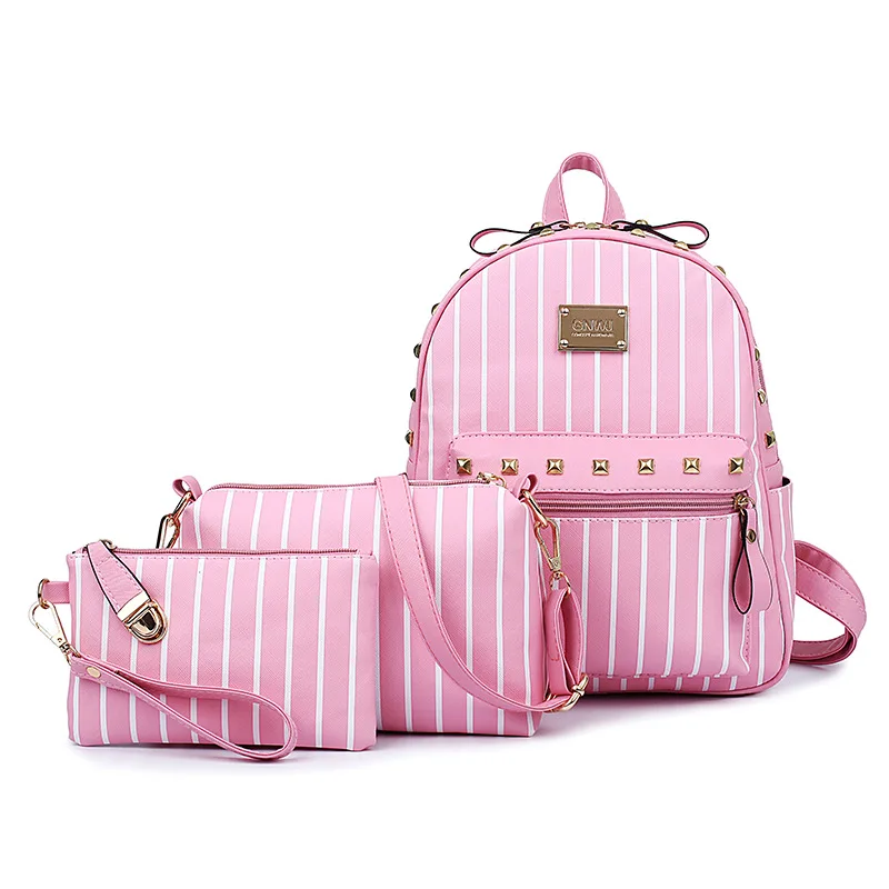 

2016 Summer New Style Korean-style Fashion Stripes Picture Backpack Three-piece Set Travel Backpack Simple WOMEN'S Bag