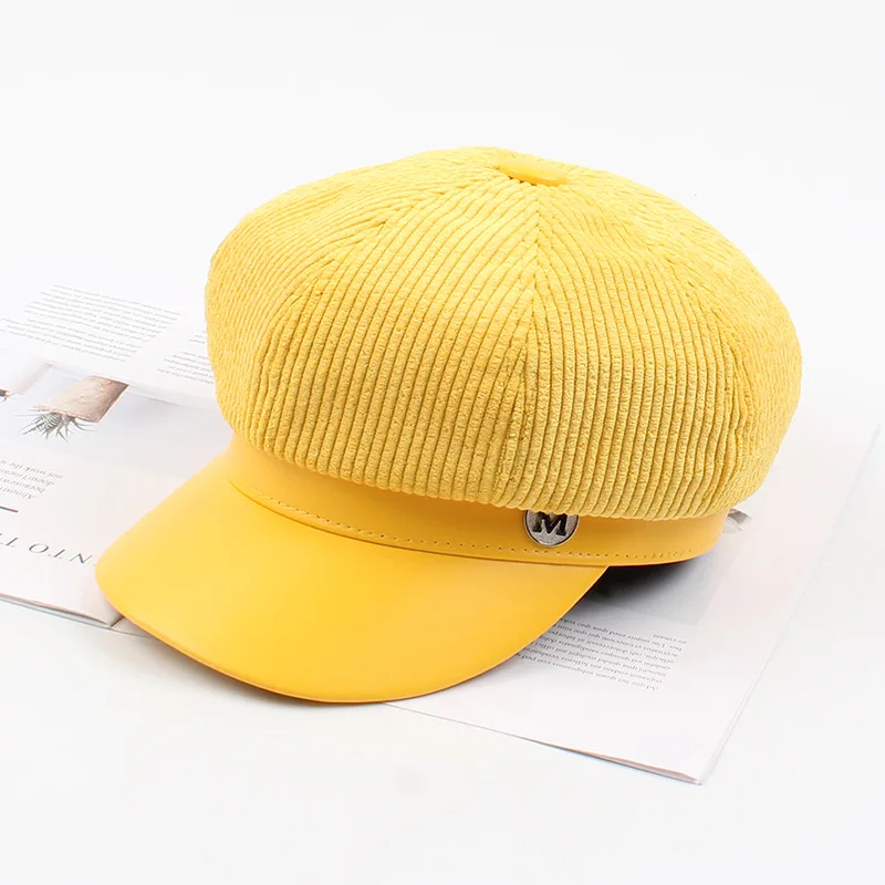 Yellow USPOP, женские Восьмиугольные шляпы, искусственная кожа, вельвет, пэчворк, газетные кепки, зимние, с буквой М, козырек, шапки, модные, военные кепки - Color: Yellow